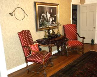 Pr Walnut Louis XIII Style Armchairs Slightly Angled Back Characteristic of the late 17th Century with the Acanthus Leaf Carvings