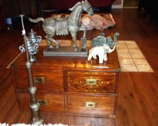  Campaign Brass Clad Compact Chest of 3 Drawers Stand, Gorgeous Old Tibet Copper Buddhist Horn,  Large Asian War Horse Statue, Elephant Figurines (shell & metal)