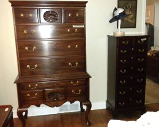Full Size Poster Bed, High Boy Chest of Drawers, Night/Side Tables, Virginia Galleries made from Solid Wild Cherry 8 Drawer Lingerie Chest of Drawers,  Vintage Bergere Chair