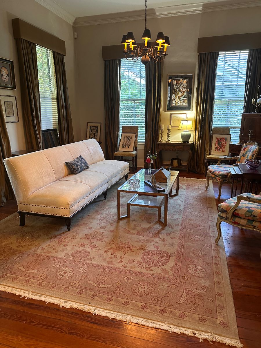 Designer Sofa large rug coffee table and chairs