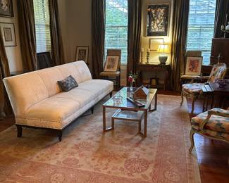 Designer Sofa large rug coffee table and chairs