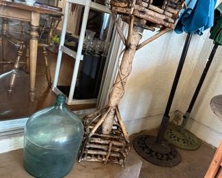 Fun Birchwood birdhouse on stand, large glass, aqua jug