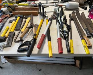 Axis mallets, long handled pruners long, machete, knives, garage lightbulbs