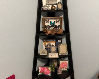 Corner black shelf with butterfly art, killer whales on burl wood