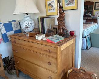 Three drawer dresser, Asian lamps, three tier large handled basket