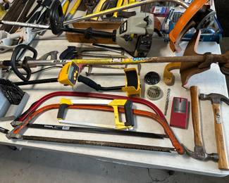 Stihl brand Weed whackers,  string trimmers, these are heavy duty gas Units, metal detector, assorted saws