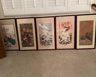 Five different silk Japanese paintings of peacock, Crane, phoenix, ducks, quail 