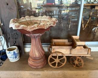 Cement, birdbath, lovely design, small wood wagon
