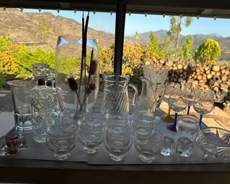 Shrimp cocktail set glassware, glass pitchers, decanters