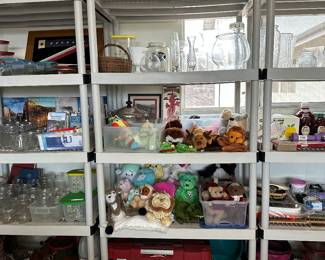 Craftsman tool, carrier, plush animals, plush animal hand puppets, clear and colored glass vases
