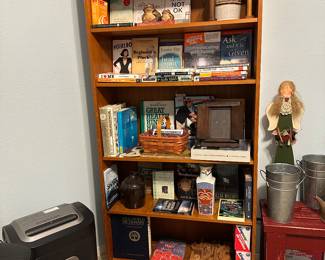 Six shelf plus top teak ? Walnut ? shelf, paper shredder 