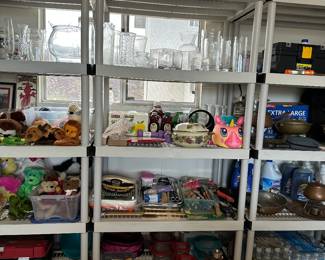 Assorted glass vases, bicycle helmet, leftover containers, paint brushes