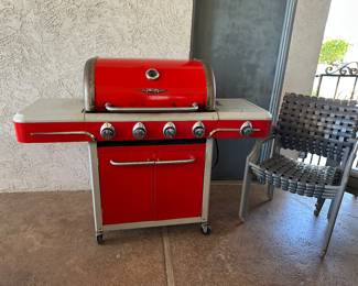 Barbecue in the $600 range new in good condition includes new propane tank, set for stacking gray strap, patio chairs
