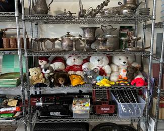 Packing blankets, sports authority, heavy duty, weights, Plush animals large train set, silver plate goblets, and servers