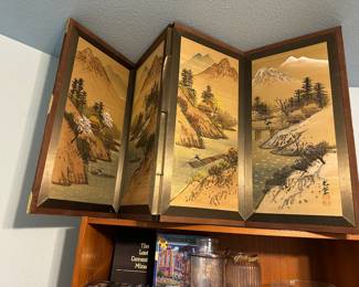 Large four panel hand painted silk folding screen 