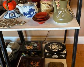 Mother of pearl inlaid box, lacquerware boxes, teapots, etc