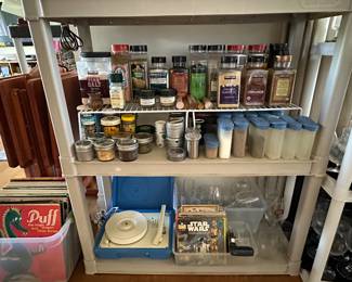 Spices, portable record player 33 RPM vinyl records and 45 RPM records