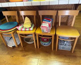 Set for smaller dining chairs, one more available Plus round, placemats cupcake carrier, outdoor dining helpers and stoneware Dutch oven Baker