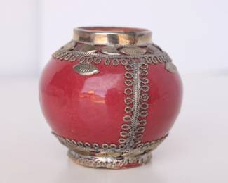 Moroccan Red Ceramic Vase w/ Brass Filigree