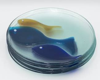 6 Molded Glass Plates with Fish Design