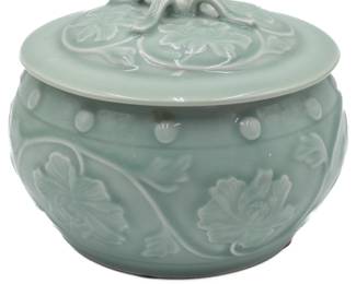Glazed Ceramic Jar with Floral Relief Design