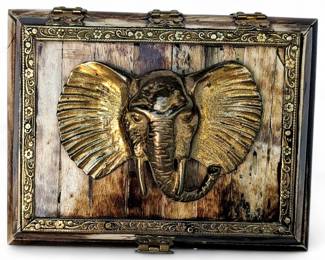 Mid-Century Brass & Bone Inlay Elephant Trinket Box