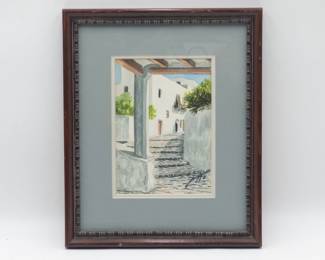 Framed Watercolor of Mediterranean Village Walkway