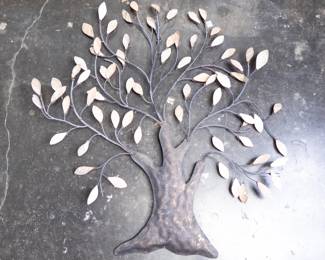 Metal Tree Sculpture With Iridescent Plastic Leaves
