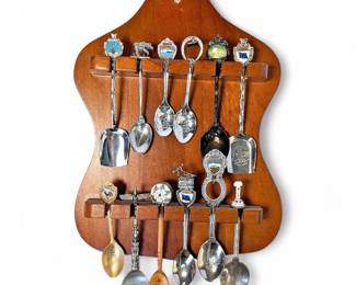 Vintage Souvenir Spoon Rack w/ 12 Spoons 1960s