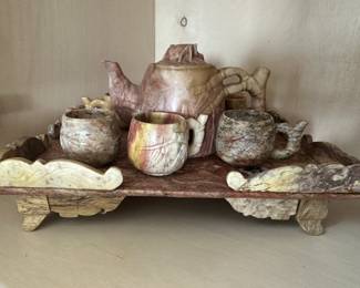 $150. Vintage Oriental Carved Soapstone Saki/Tea Drink Set 