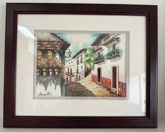 Listed artist Signed Marco Ruiz Mexican Town Street Scence Watercolor Painting 