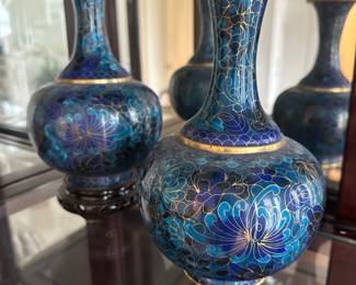 PAIR Vintage Cloisonne Vase, Blue Chrysanthemums, Zi Jin Cheng, c. 1980s