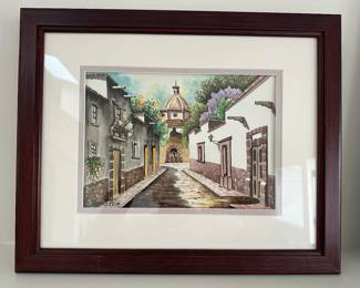 Listed artist Signed Marco Ruiz Mexican Town Street Scence Watercolor Painting 