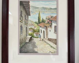 Listed artist Signed Marco Ruiz Mexican Town Street Scence Watercolor Painting 