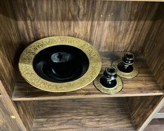 Black Amethyst Glass Bowl w/Gold Trim Bowl & Candle Stick Holders