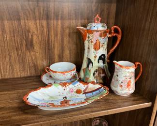 Japanese Kutani Porcelain Teapot, Cup & Saucer Creamer & Platter