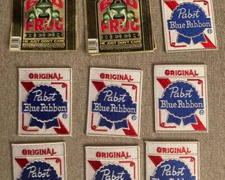 Pabst Blue Ribbon patches and Bad Frog beer labels