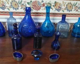 Cobalt bottles and glass