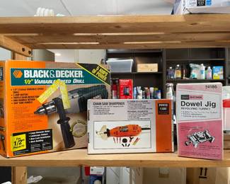 Black & Decker drill, chain saw sharpener, dowel jig