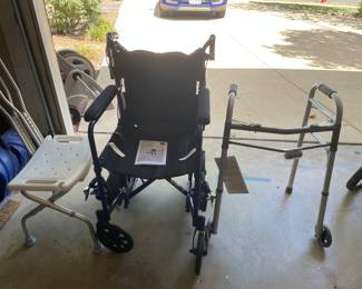 Walker, wheelchair and bench
