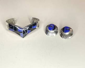 Sterling cuff signed J Nelson & earrings