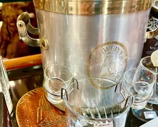 SCHWEPPES ICE BUCKET, GLASSES, AND TRAY.