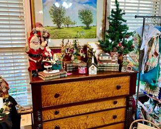 Birds Eye maple antique chest of drawers full of Christmas!