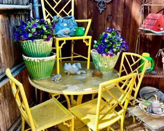 YELLOW METAL CHINOISERIE BAMBOO TABLE AND 5 CHAIRS.