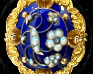 Victorian blue enamel 14k and seed pearls. 