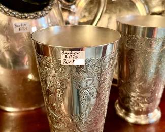 ENGLISH BARKER ELLIS CHASED SILVER PITCHER AND CUPS.
