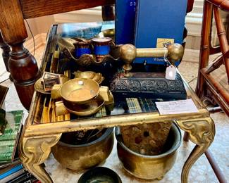 VINTAGE BRASS TIGER EYE COFFEE TABLE.