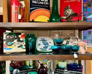 VINTAGE COLORED GLASS, ART BOOKS, MURANO GLASS.