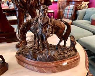 BRONZE FOX HUNTER ON HORSE.