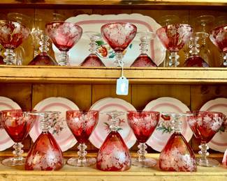 BEAUTIFUL CRANBERRY STEMS, LIMOGES PINK RIMMED PLATES.